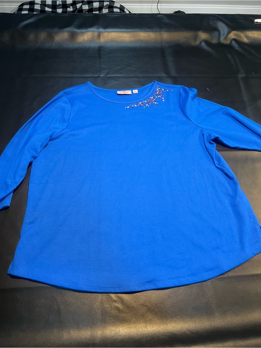 Quacker Factory Blue Jewel Embellished Crewneck 3/4 Sleeve Top Size XL